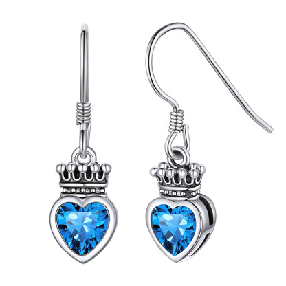 Sterling Silver Birthstone Crown Heart Dangle Earrings For Girls