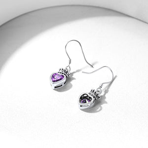 Sterling Silver Birthstone Crown Heart Dangle Earrings For Girls