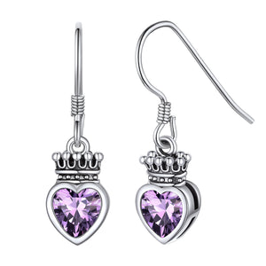 Boucles d'oreilles pendantes en forme de cœur et de couronne en argent sterling avec pierre de naissance pour filles