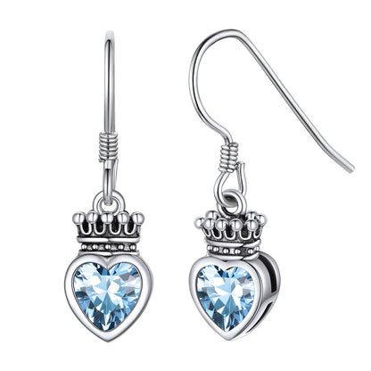 Sterling Silver Birthstone Crown Heart Dangle Earrings For Girls