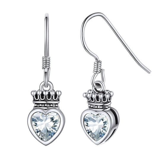 Sterling Silver Birthstone Crown Heart Dangle Earrings For Girls