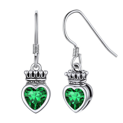 Sterling Silver Birthstone Crown Heart Dangle Earrings For Girls