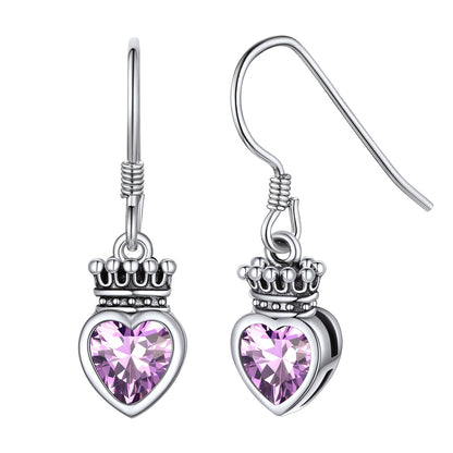 Sterling Silver Birthstone Crown Heart Dangle Earrings For Girls