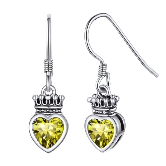 Sterling Silver Birthstone Crown Heart Dangle Earrings For Girls