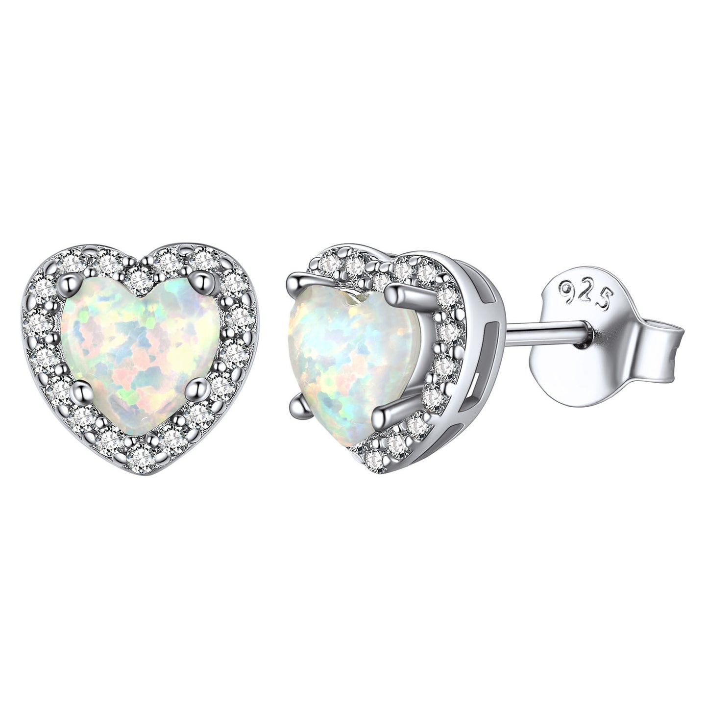 Sterling Silver Heart Cubic Zirconia Opal Stud Earrings