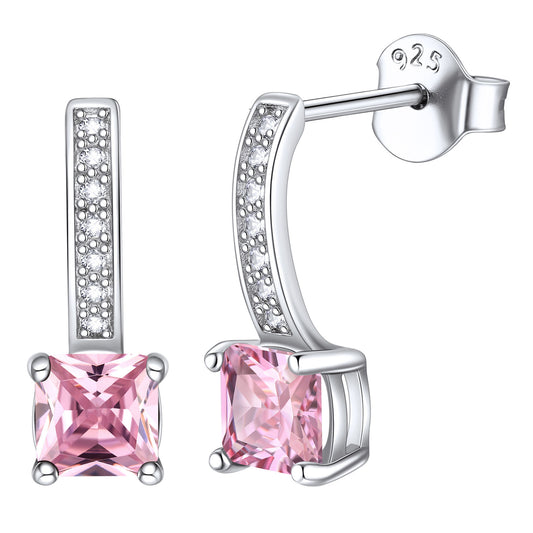 Pendientes colgantes de plata de ley con piedra de nacimiento de corte princesa