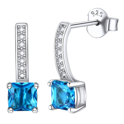 Sterling Silver Princess Cut Birthstone Dangle Drop Earrings For Women Girl