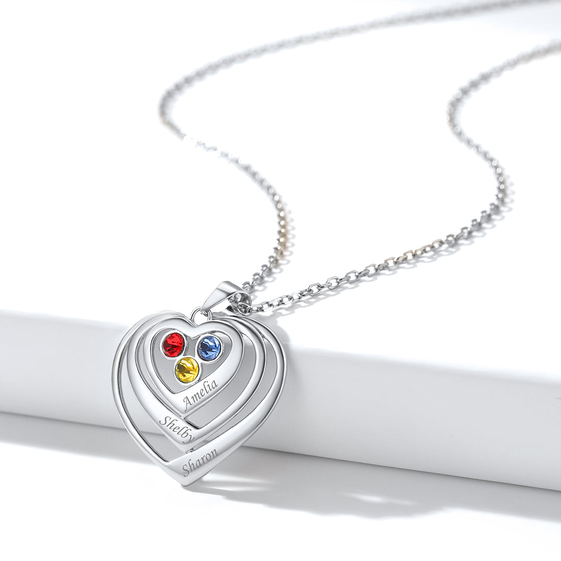 Personalized Sterling Silver Birthstone Triple Heart Necklace
