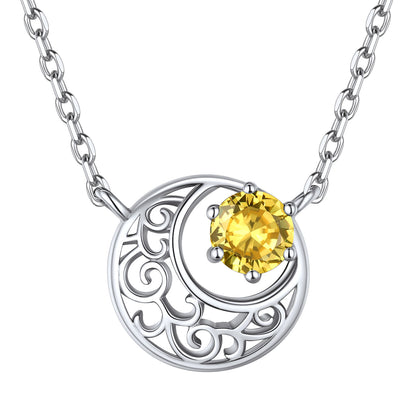 Sterling Silver Crescent Moon Necklace with Birthstone For Women