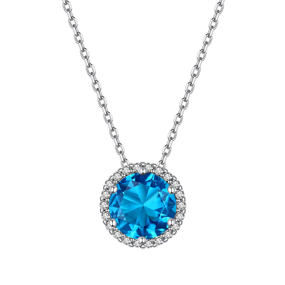 Sterling Silver Round Cut Birthstone Halo Necklace
