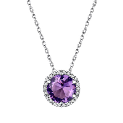 Sterling Silver Round Cut Birthstone Halo Necklace