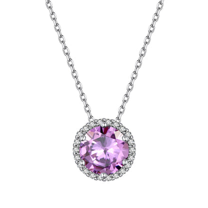 Sterling Silver Round Cut Birthstone Halo Necklace