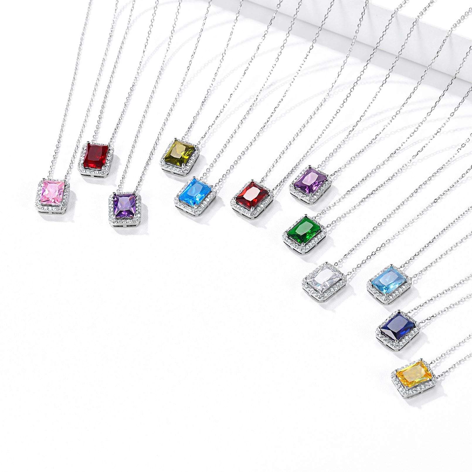 Sterling Silver Halo Necklace April Birthstone Emerald-Cut Pendant BIRTHSTONES JEWELRY