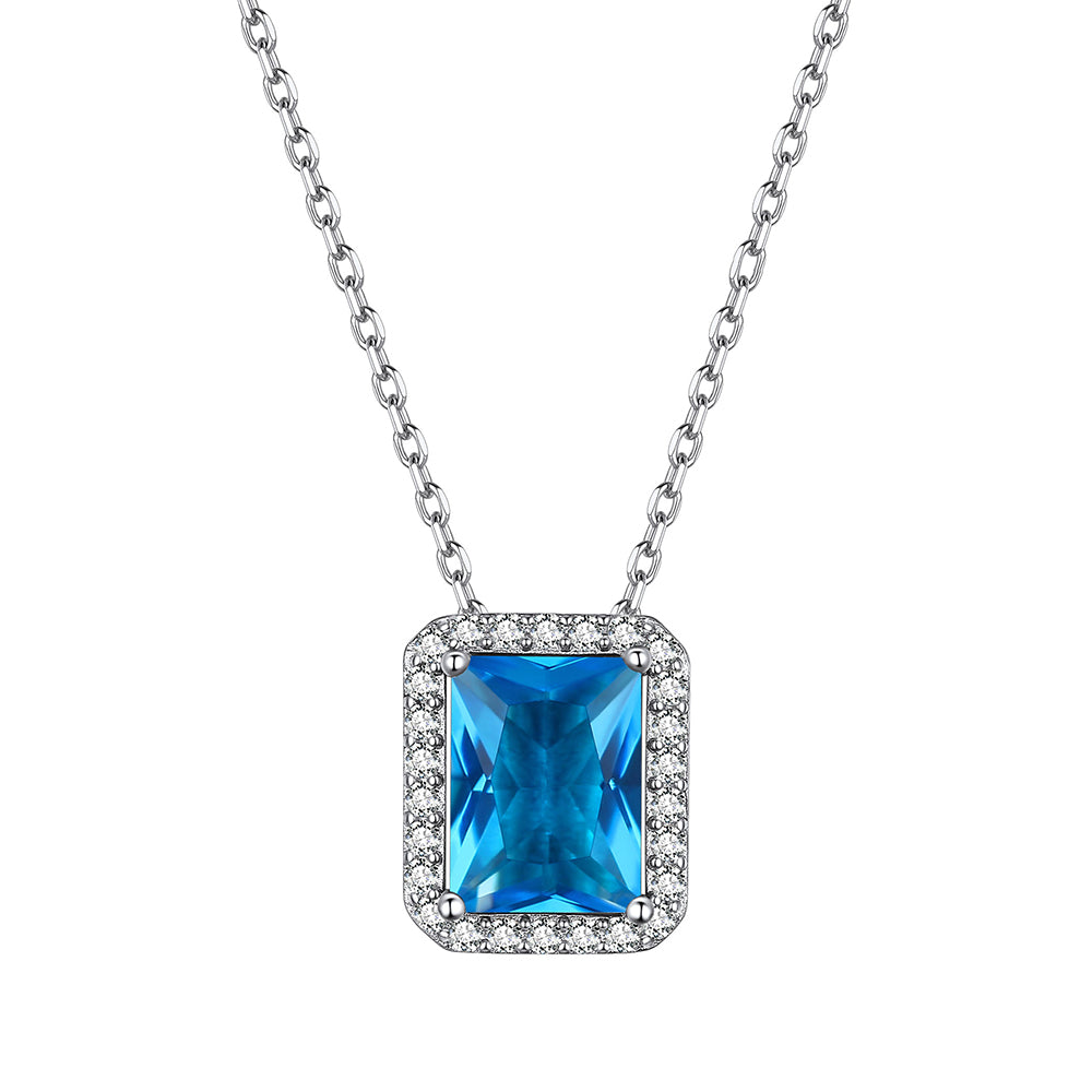 Sterling Silver Birthstone Emerald Cut Halo Necklace