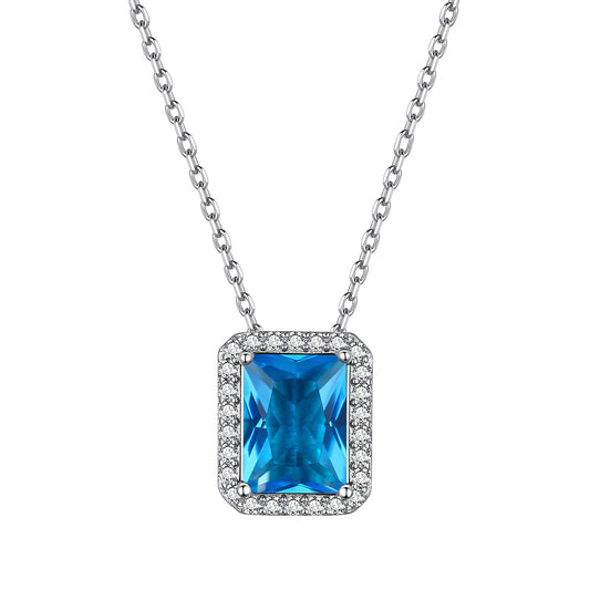 Sterling Silver Birthstone Emerald Cut Halo Necklace