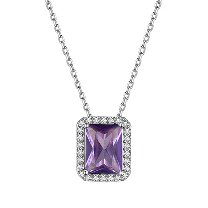 Sterling Silver Birthstone Emerald Cut Halo Necklace