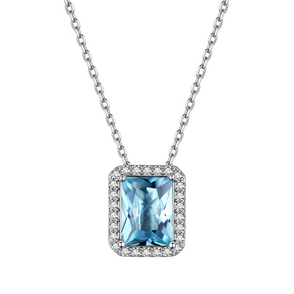 Sterling Silver Birthstone Emerald Cut Halo Necklace