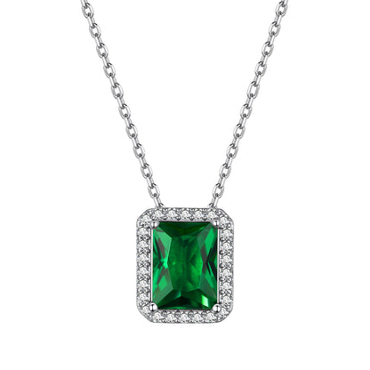 Sterling Silver Birthstone Emerald Cut Halo Necklace