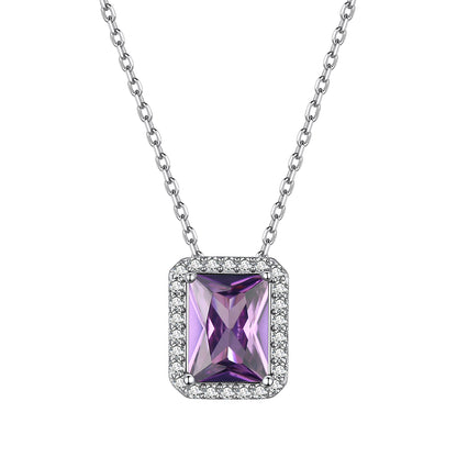 Sterling Silver Birthstone Emerald Cut Halo Necklace