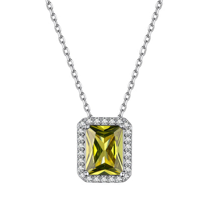 Sterling Silver Birthstone Emerald Cut Halo Necklace