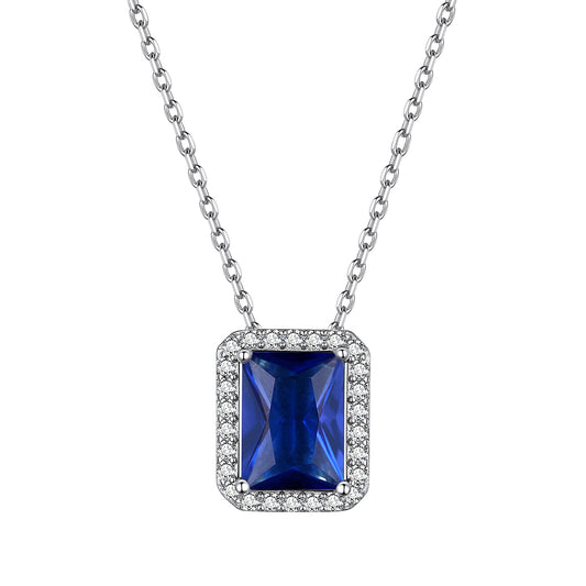 Sterling Silver Birthstone Emerald Cut Halo Necklace