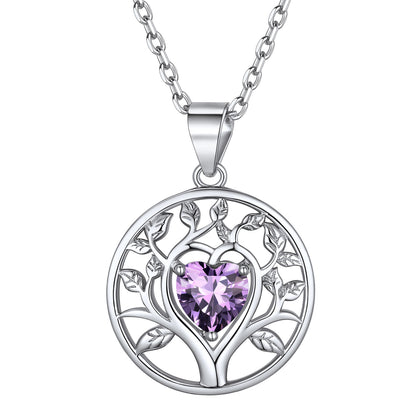 Sterling Silver Tree Of Life Necklace With Heart Birthstone