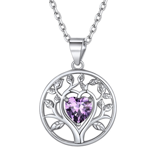 Sterling Silver Tree Of Life Necklace With Heart Birthstone