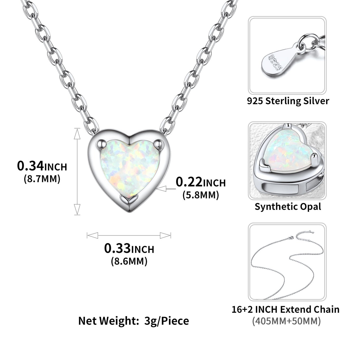 Sterling Silver Heart Opal Necklace For Women