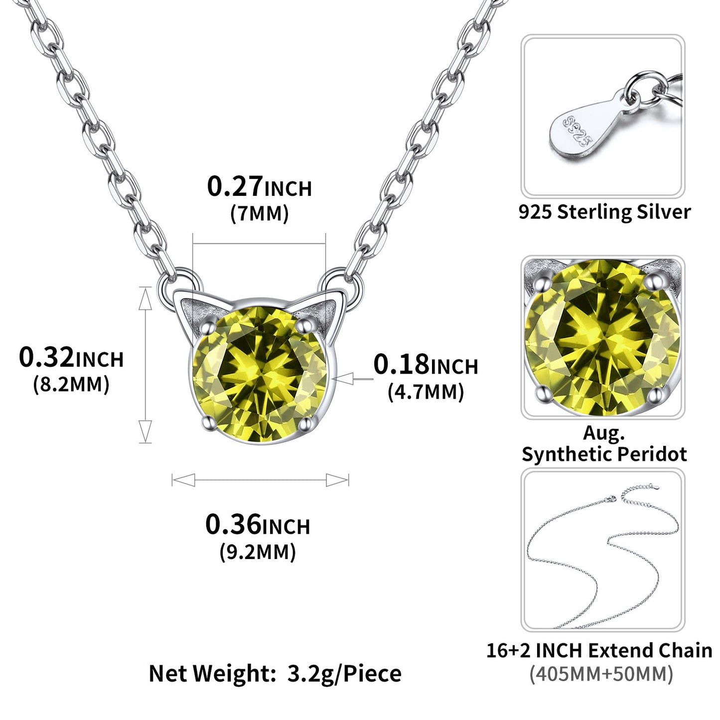 Sterling Silver August Peridot Birthstone Cat Necklace For Women BIRTHSTONES JEWELRY