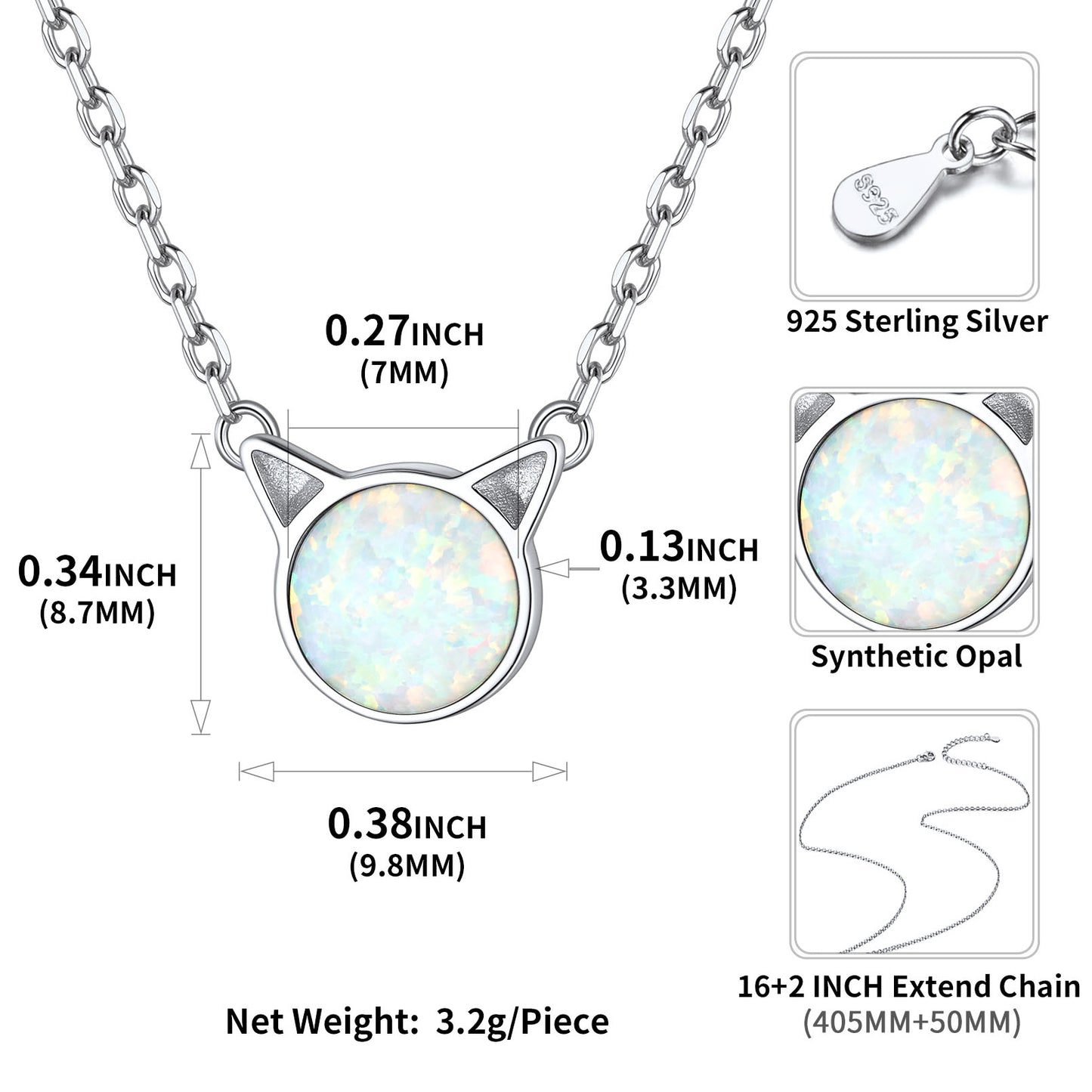 Sterling Silver Cute Cat Opal Necklace