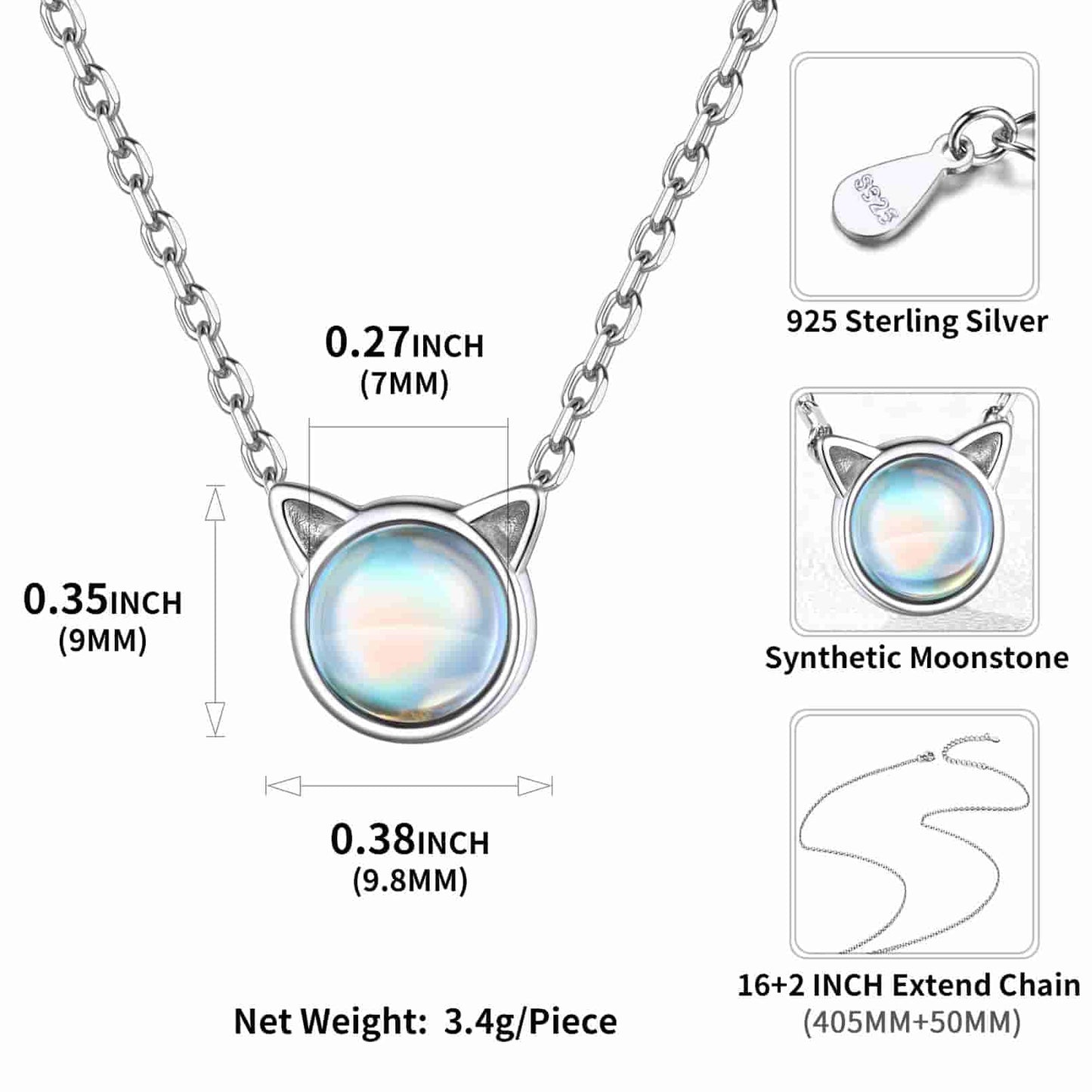 Sterling Silver Cat Moonstone Pendant Necklace