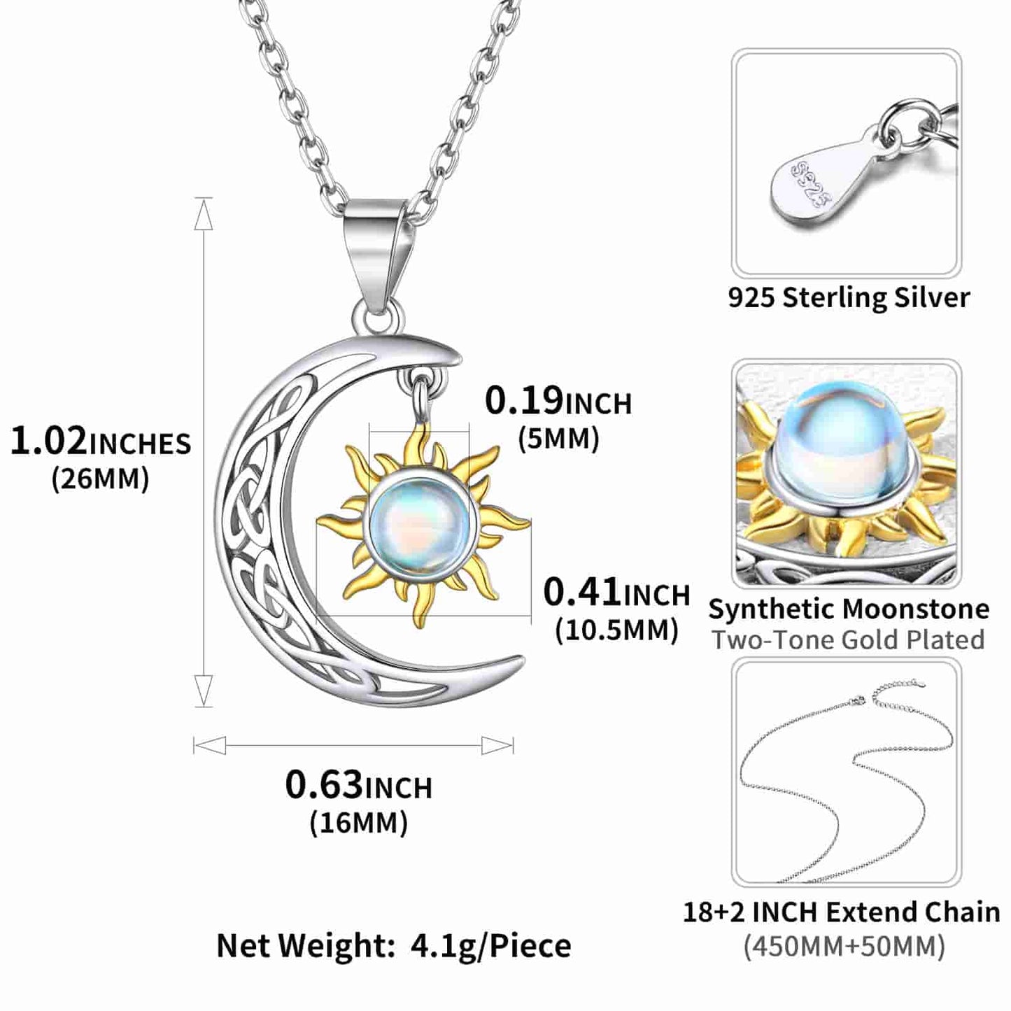 Sterling Silver Crescent Moon Sun Moonstone Necklace