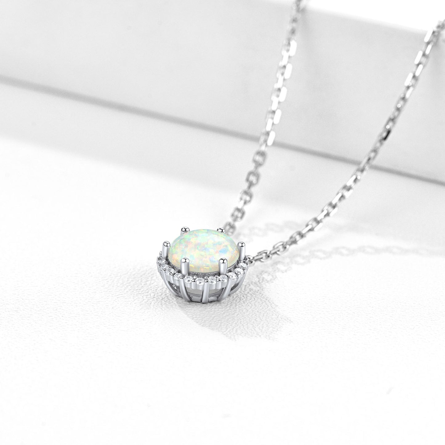 Sterling Silver Cubic Zirconia Halo Opal Necklace