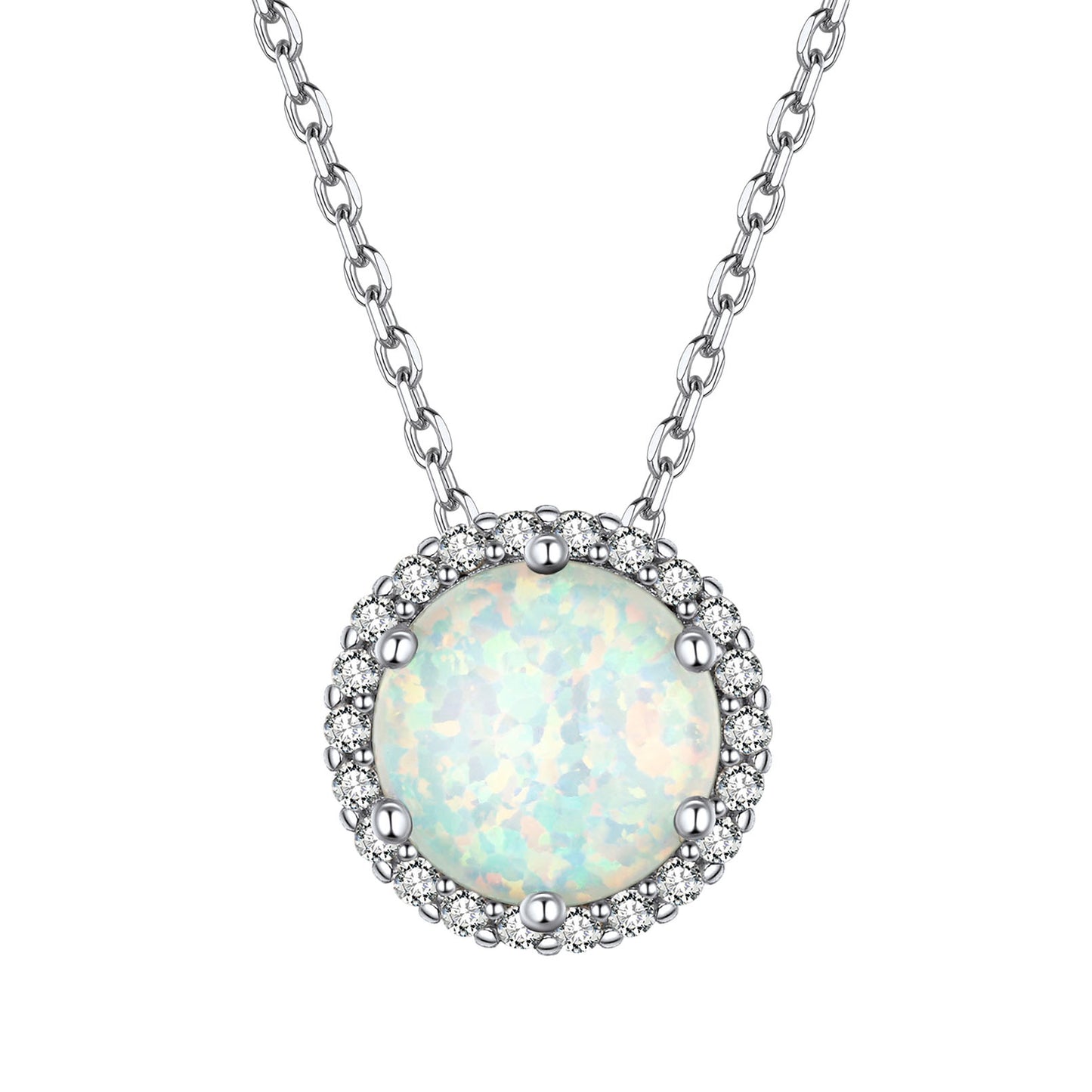 Sterling Silver Cubic Zirconia Halo Opal Necklace