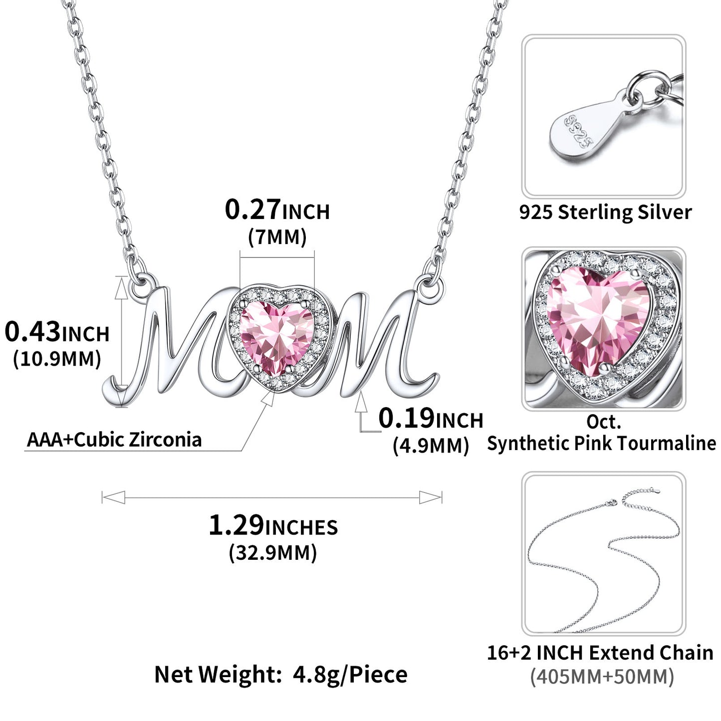 Sterling Silver Heart Birthstone Mom Necklace