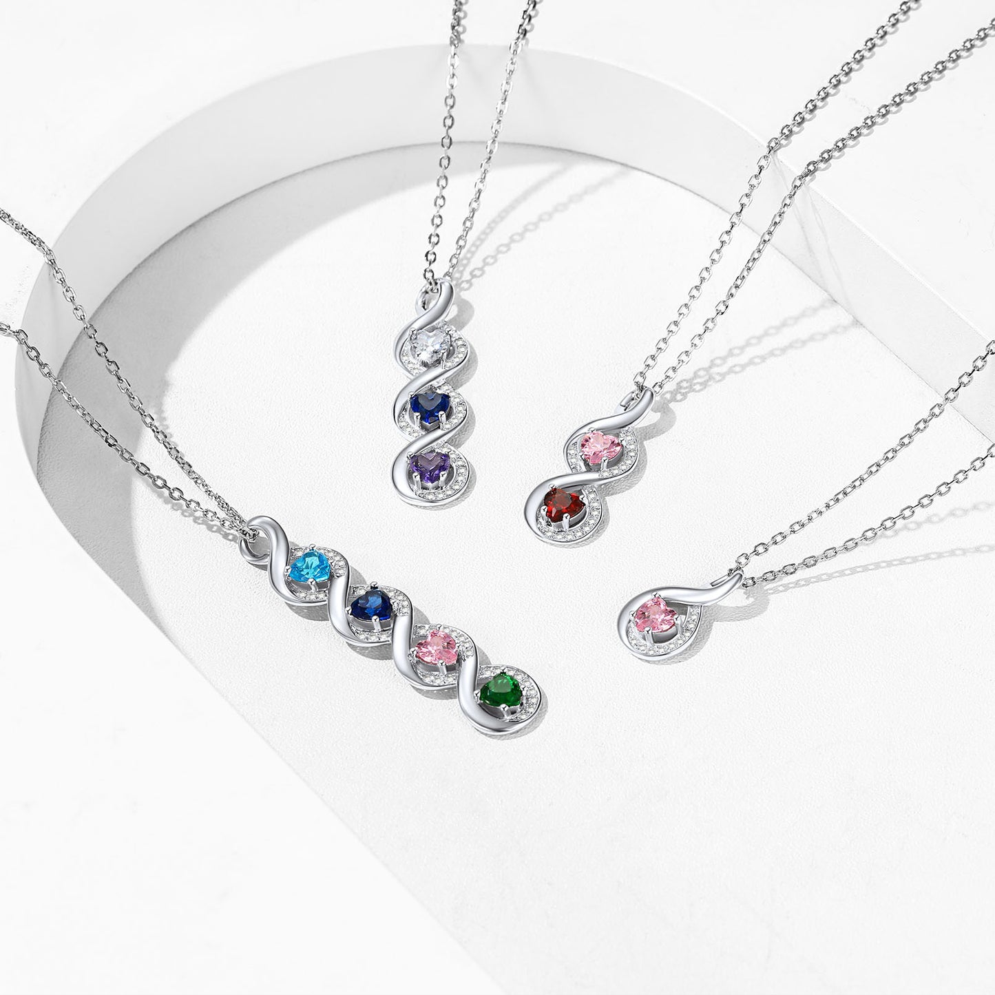 Custom Name CZ Infinity Necklace With 2 Heart Birthstones