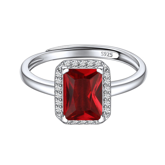 Sterling Silver Emerald Cut Birthstone Halo Ring For Women