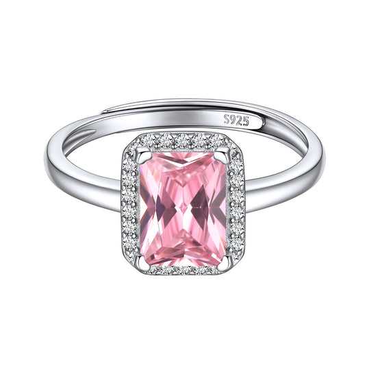 Anillo de plata de ley con halo de piedra natal de corte esmeralda para mujer