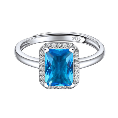 Sterling Silver Emerald Cut Birthstone Halo Ring For Women