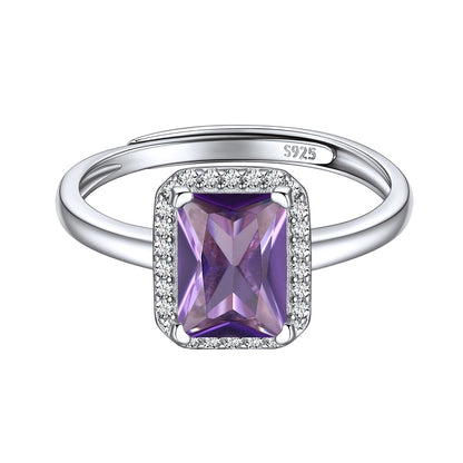 Sterling Silver Emerald Cut Birthstone Halo Ring For Women