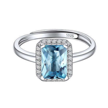 Sterling Silver Emerald Cut Birthstone Halo Ring For Women