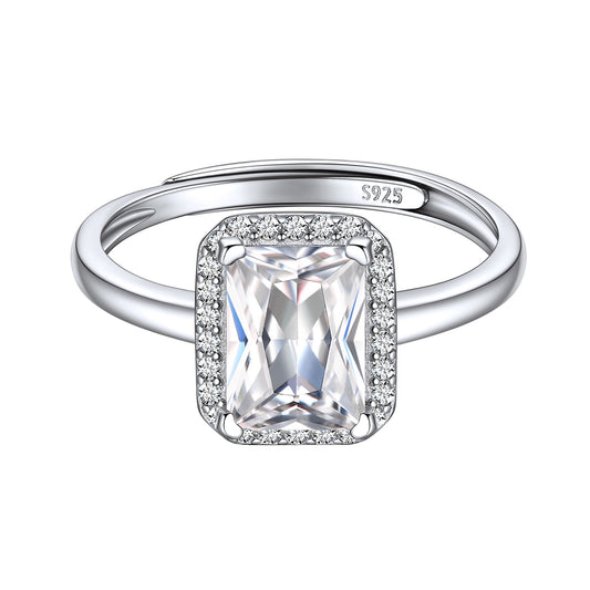 Sterling Silver Emerald Cut Birthstone Halo Ring For Women