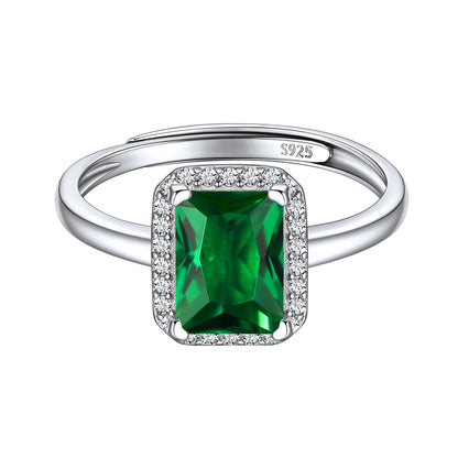 Sterling Silver Emerald Cut Birthstone Halo Ring For Women