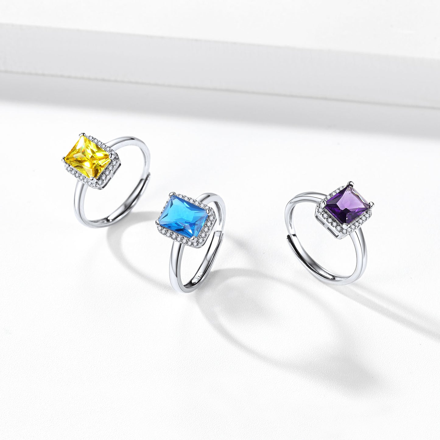 Sterling Silver Emerald Cut Birthstone Halo Ring For Women