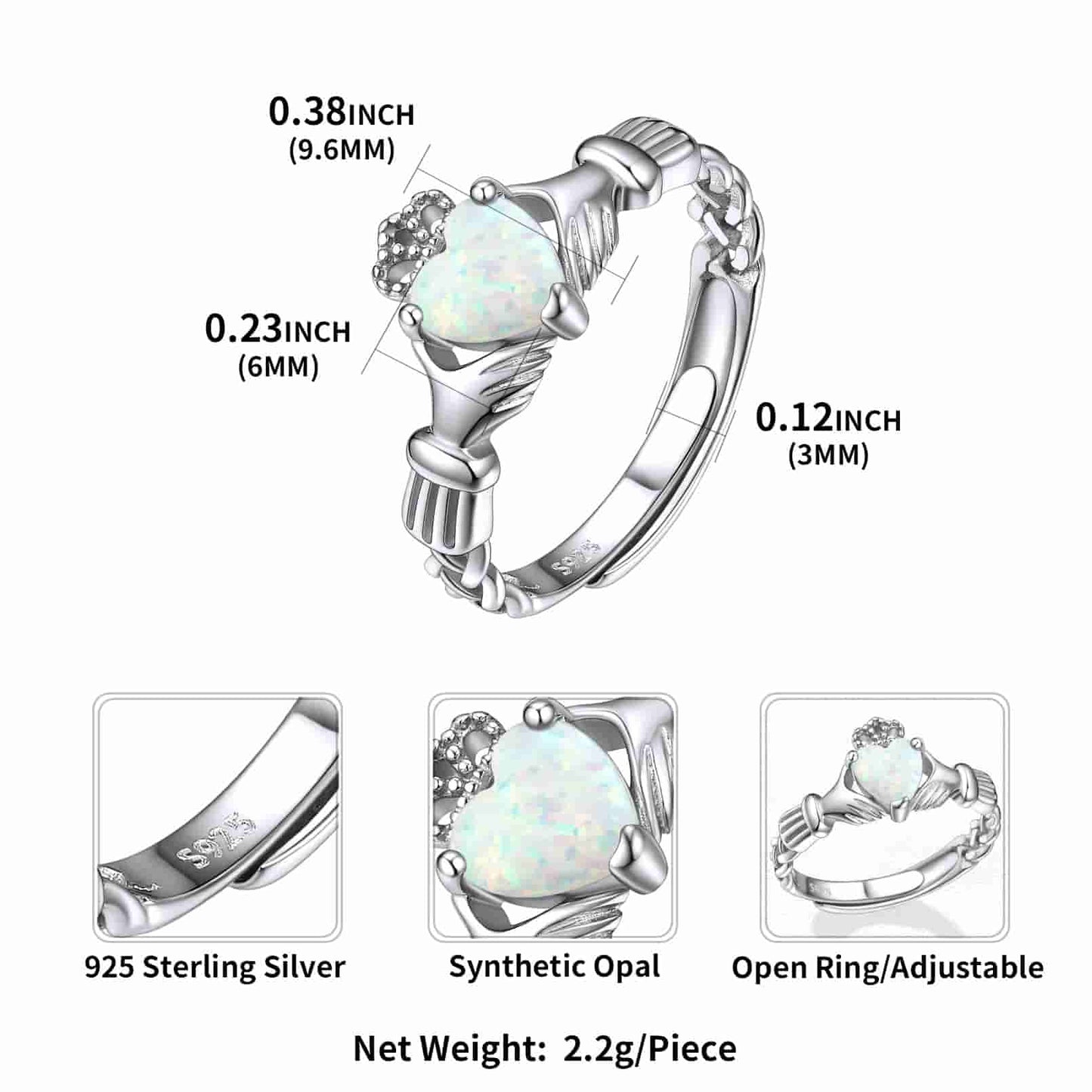 Sterling Silver Heart Opal Claddagh Ring