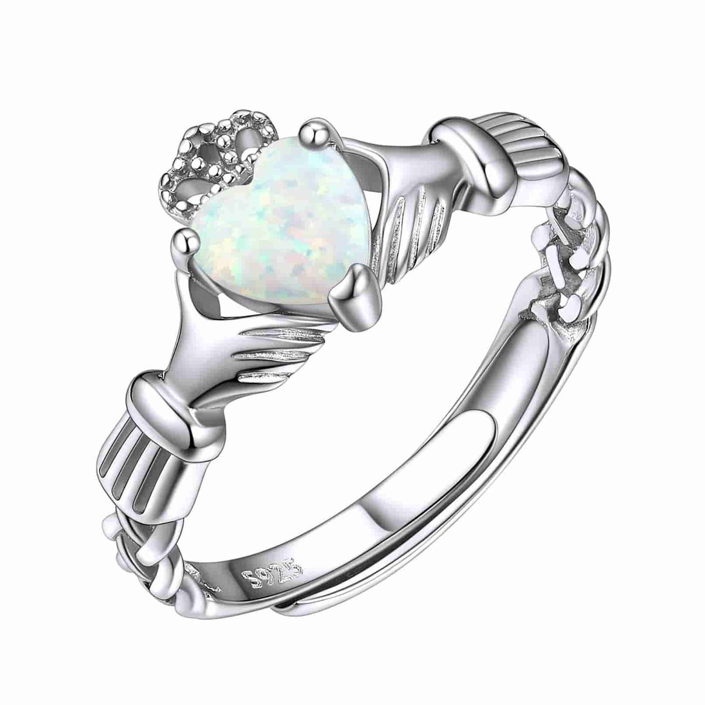 Sterling Silver Heart Opal Claddagh Ring
