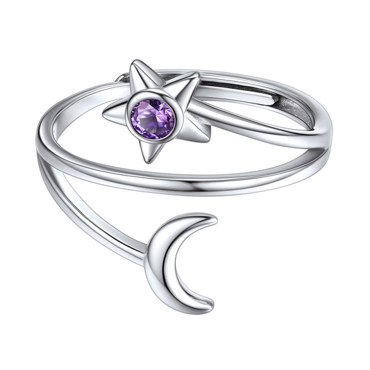 Adjustable Moon Star Birthstone Ring