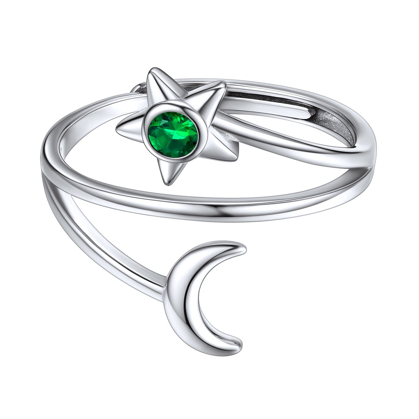 Sterling Silver Adjustable Moon Star Birthstone Ring For Women