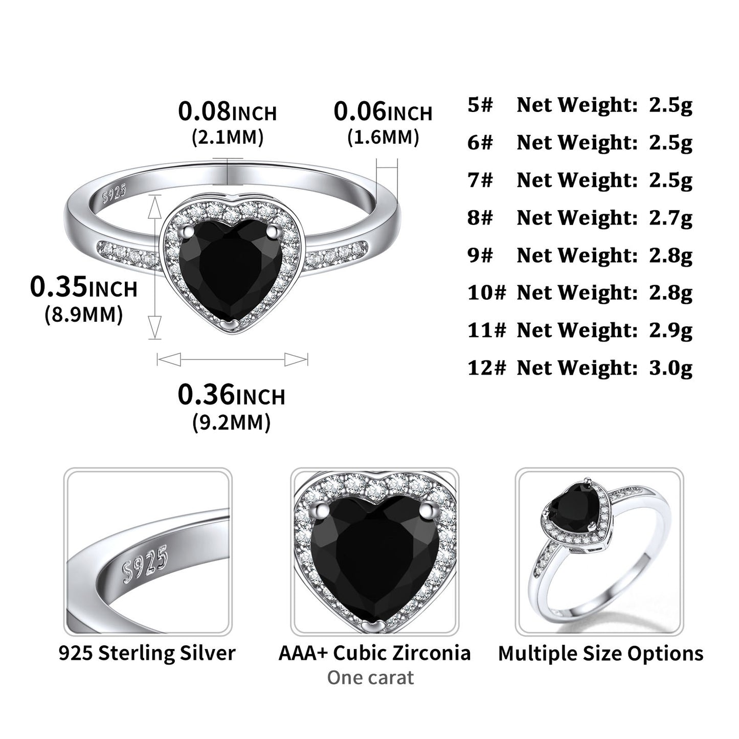 Sterling Silver Heart Black Cubic Zirconia Gemstone Rings For Women