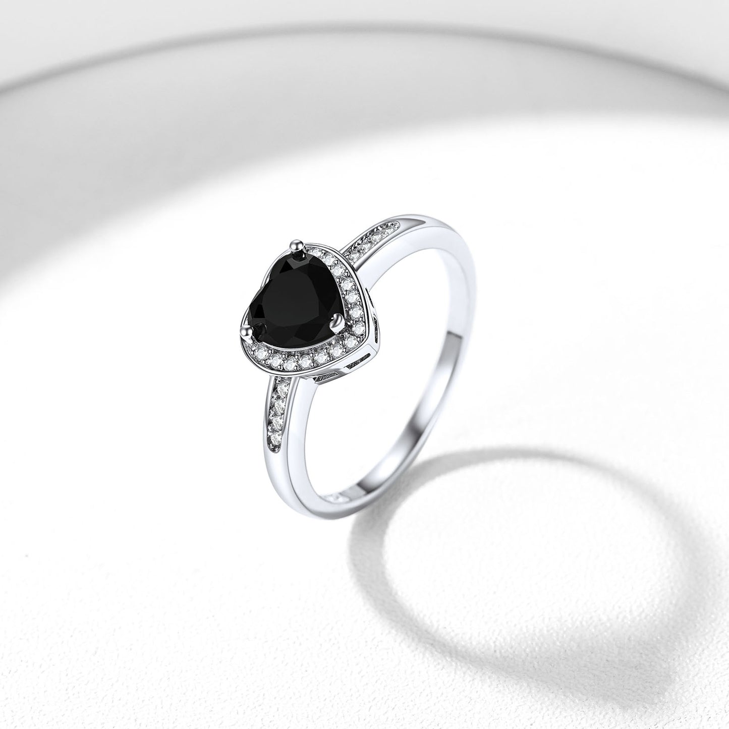 Bagues en argent sterling avec pierres précieuses en forme de cœur et zircone cubique noire pour femme